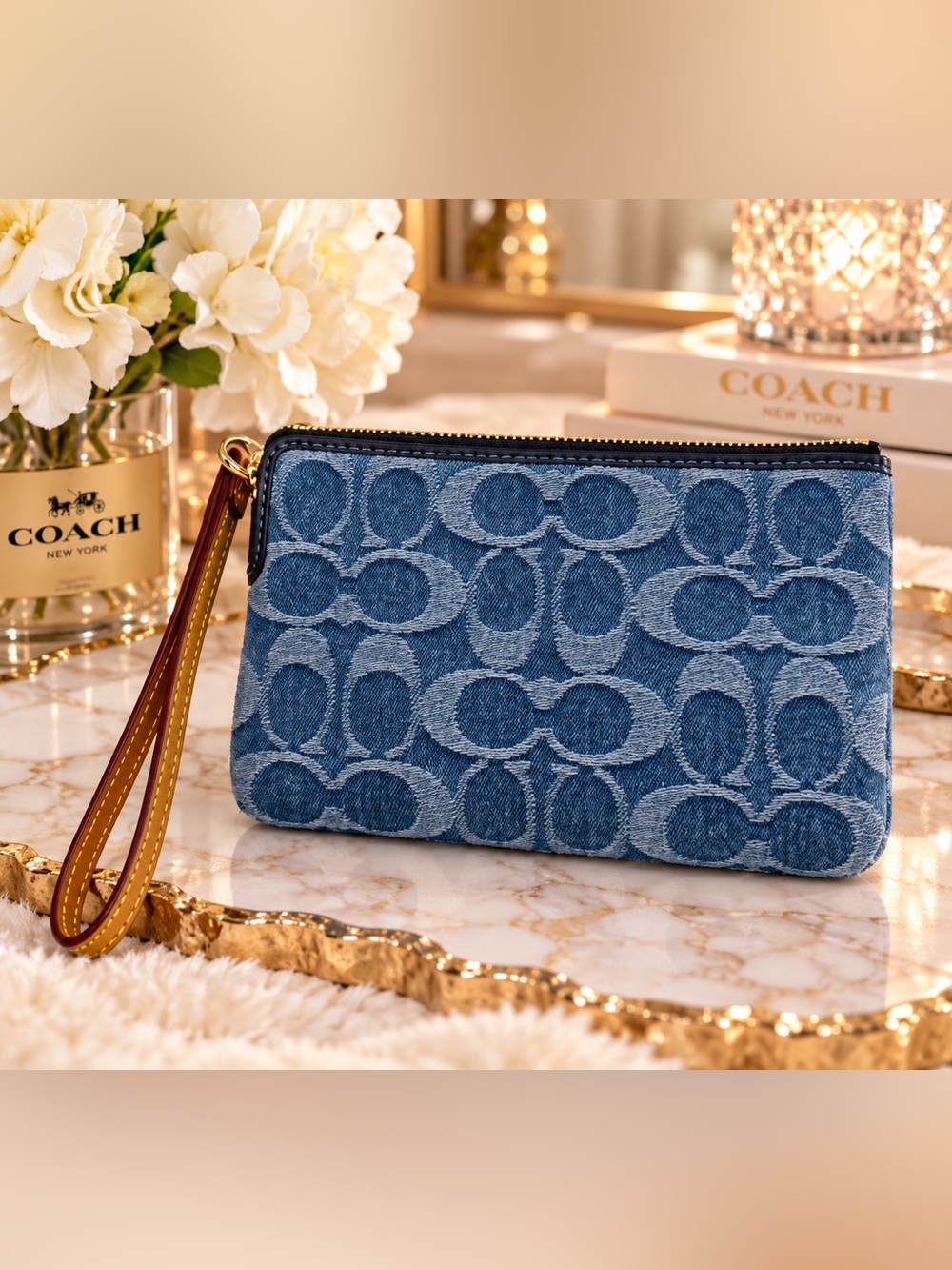 Coach Denim Signature Wristlet in Blue with Brown Strap